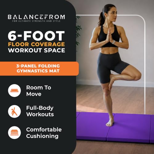 BalanceFrom 6x2 Feet 3-Panel Folding Gymnastics Mat – 2-Inch Thick Pad with Vinyl Surface and Carrying Handles for Tumbling, Yoga, Pilates, Home Workouts, and Martial Arts - color: Purple