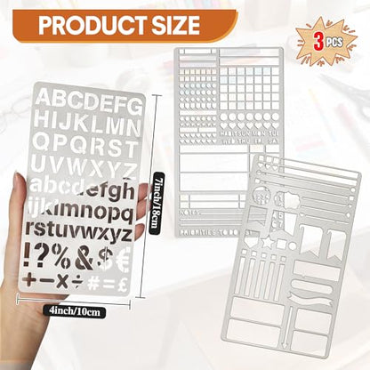 3 PCS Metal Journal Stencils Planner Stencil for Bullet Journal Stencils,Bookmark, Planning, Lines, Habit Tracker, Templates, Tiny Letters, Small Number - size: 3PCS Journal Stencils