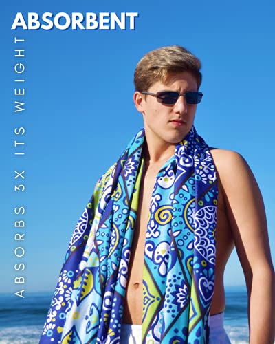ECCOSOPHY Microfiber Beach Towel - Quick Dry, Sand Free and Oversized 71x35 | Super absorbent, lightweight, swimming, gym, extra large, pool, cruise, camping, yoga, travel, compact, carry bag, vacation - color: Mykonos