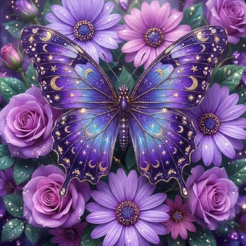 RYMILIE Diamond Art Kits for Adults Starry Night Purple Butterflies | 5D Stress Relief Diamond Painting Kit for Beginners, DIY Full Round Drill Gem Art Crafts for Home Wall Decor Gift - color: DP03875