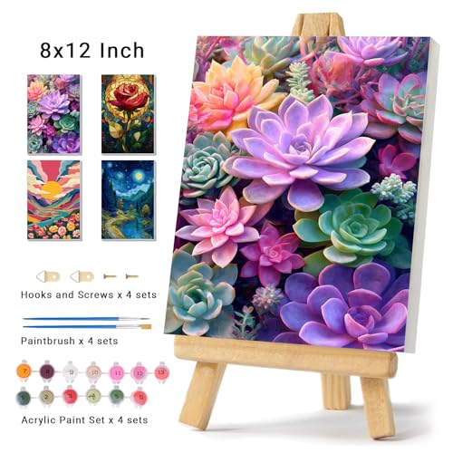 4 Pack Framed Paint by Numbers Kit for Adults Beginner Canvas Painting by Numbers for Adults Cactus Plants Easy Adult Paint by Number Kits with Frame Rose Flowers Watercolor Painting by Number 8x12 In - color: YFa0508