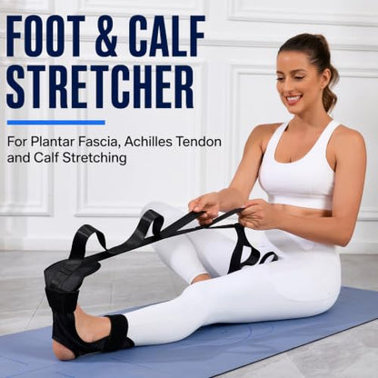 Foot Stretcher for Plantar Fasciitis, Calf & Achilles Leg Stretching Strap | Full foot holder keeps foot aligned for plantar fascia, heel, calf, Achilles, hamstring and ankle stretching