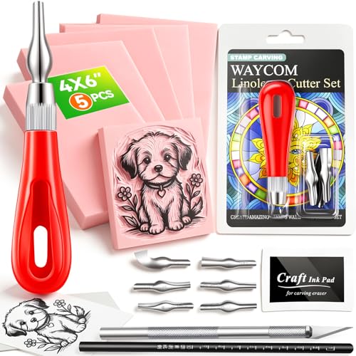 WAYCOM 5-Pack Linoleum Blocks for Printmaking: Linocut kit with Tools & Ink - 4x6 Rubber Carving Blocks - Art Craft Supplies for Beginners & Hobbyists - Gifts for Christmas/Birthday/Art Enthusiast - color: 5 Rubber Blocks + Carving Tool Kit