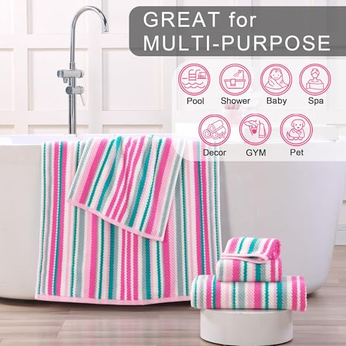 VOOVA & MOVAS Striped Towels 6 Pack, 100% Cotton, Pink Aqua - color: Pink + Aqua + Teal Striped, size: 6 PCS Bathroom Towels