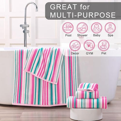 VOOVA & MOVAS Striped Hand Towels 4 Pack, 100% Cotton, 16x27 in, Pink Teal - color: Pink + Aqua + Teal Striped, size: 4 PC Hand Towels (16"x27")