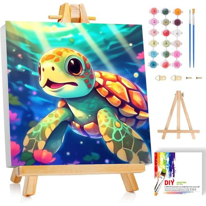Gemozaic Sea Turtle Paint by Numbers Kit for Kids Ages 4-8-12, 8 x 8 INCH | Paint by Number for Kids with Frame & Easel, Sea Animal Kids Painting by Number for Boys, Girls Gift, DIY Acrylic Painting - color: BKH1887
