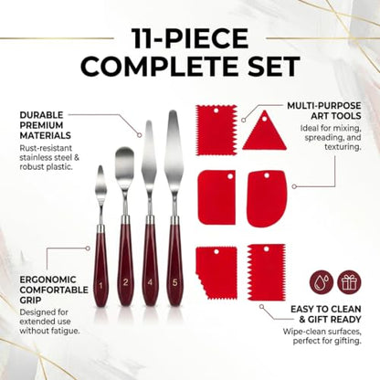 11Pcs Palette Knives Stainless Steel & Plastic Scrapers for Oil Acrylic Art | Stainless steel palette knives, plastic scrapers, 11-piece set flexible blades wood handle oil acrylic painting color mixing
