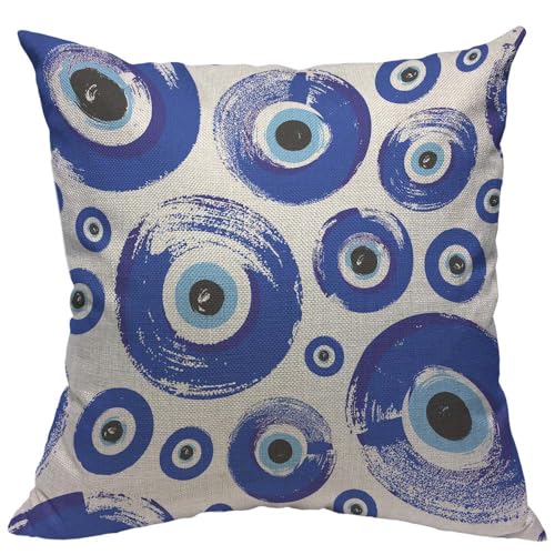 TKS MITLAN Round Turkish Eye Pillow Covers 18 x 18 Inch Blue Turkish Fatima's Eye Ymbol of Protection Turkey Decorative Throw Pillow Covers Linen Cushion Case for Sofa Couch - color: Round Turkish Eye, size: 18" x 18" (Pack of 1)