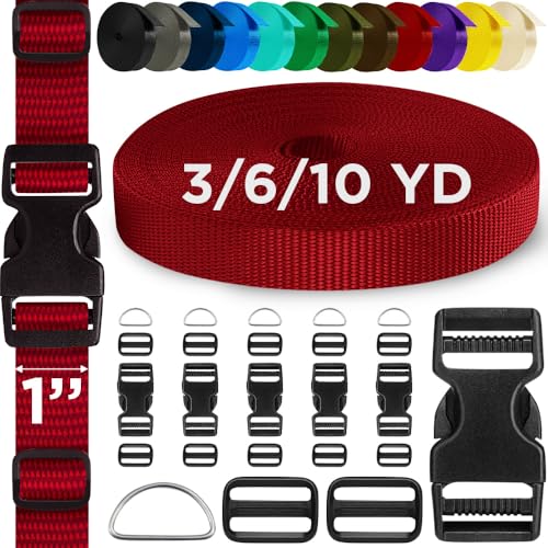 TECEUM 1" Nylon Strap Kit with Buckles, Red 6 yards Repair Set | Heavy duty hardware kit: 6yd webbing, 6 quick release buckles, 12 tri-glide slide clips, 6 metal D-rings for crafting. - color: Red, size: 1" - 6 yards, style: 6 Buckle - 12 Slides - 6 D-rin
