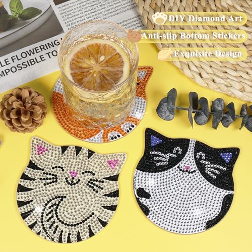 Vcekract 6 Pcs Cat Diamond Art Coasters Kit for Adults | Diamond Painting Coasters with Holder & Protective Backing, Diamond Art Adult Crafts for Table Home Decoration - color: Cat Coasters