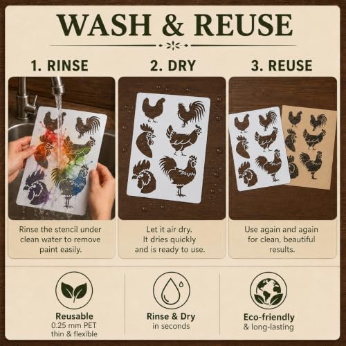 Chicken Stencil | Reusable Farmhouse Farm Stencils for Painting on Wood, Glass, Wall, Rock, Fabric, Walls, Canvas, Glassware | Rooster Farm Animals Stencil 8.5"x 11"