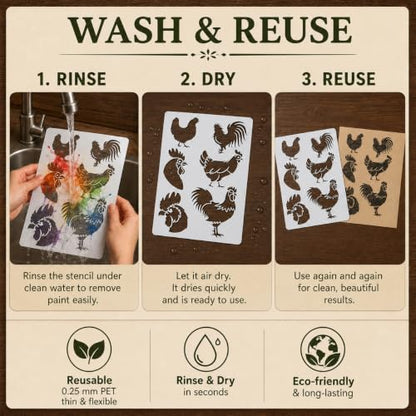 Chicken Stencil | Reusable Farmhouse Farm Stencils for Painting on Wood, Glass, Wall, Rock, Fabric, Walls, Canvas, Glassware | Rooster Farm Animals Stencil 8.5"x 11"