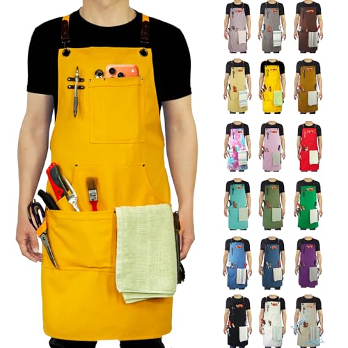 Kitchen Apron, Work Apron, Canvas Apron, Yellow | Multiple Pockets, Gardening, Painting, BBQ, Artist, Carpenter, Sizes M to XXL - color: Yellow