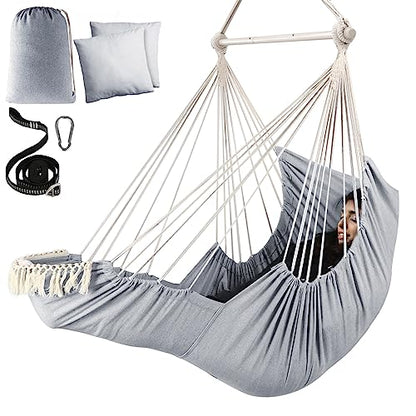 Chihee Hammock Chair Foot Rest 2 Cushions Max 485 lbs Metal Spreader Bar | Robust Hanging Chair Soft Cotton Blended Swing Collapsible Easy Storage Strong Strap Iron Carabiner Pocket Indoor Outdoor - color: Light Grey