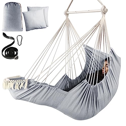 Chihee Hammock Chair Foot Rest 2 Cushions Max 485 lbs Metal Spreader Bar | Robust Hanging Chair Soft Cotton Blended Swing Collapsible Easy Storage Strong Strap Iron Carabiner Pocket Indoor Outdoor - color: Light Grey