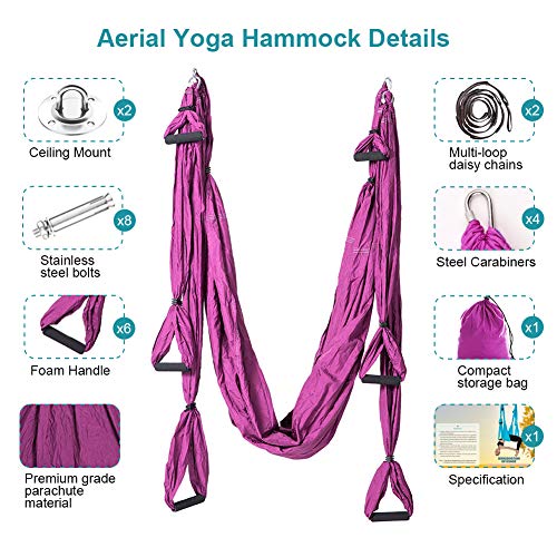 Aerial Trapeze Yoga Hammock Kit - Ultra Strong Antigravity Yoga Flying Sling Inversion Swing Tool Set - color: Deep Purple