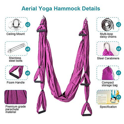 Aerial Trapeze Yoga Hammock Kit - Ultra Strong Antigravity Yoga Flying Sling Inversion Swing Tool Set - color: Deep Purple