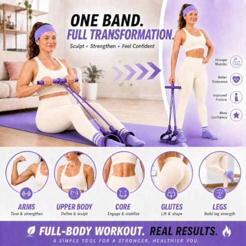 Pedal Resistance Band, Stitched Anti-Snap Elastic Pull Rope Fitness Equipment, 3-in-1 Home Workout Exercise Bands Set with Pilates Grip Socks & Headband - color: Purple, size: 55LB