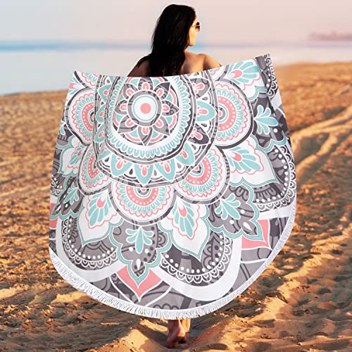 LIVILAN Round Boho Bohemian Mandala Beach Towel,Thick Microfiber Cute Circular Quick Drying Sand Free Beach Towel, Circle Towel Hippie Gifts for Women, 59 inches Madiation Tapestry with Tassels - color: Mandala Beach Towel
