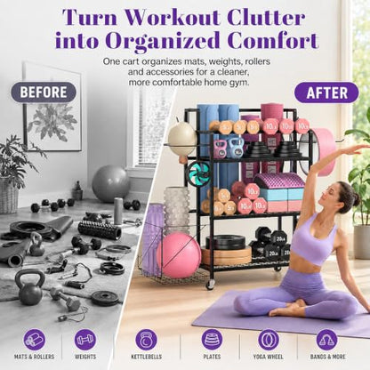 4-Tier Weight Rack for Home Gym with Wheels, Hooks and Dumbbell Storage