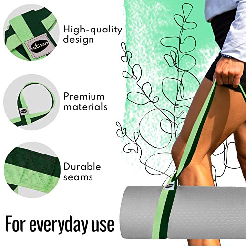 TECEUM Bundle of 2 Items – Yoga Mat Strap Green Avocado 64 IN & Stretching Strap for Yoga Light Green Polypropylene 1.5” – Mat Holder Sling For All Mats – Leg Strap for Exercising, Physical Therapy