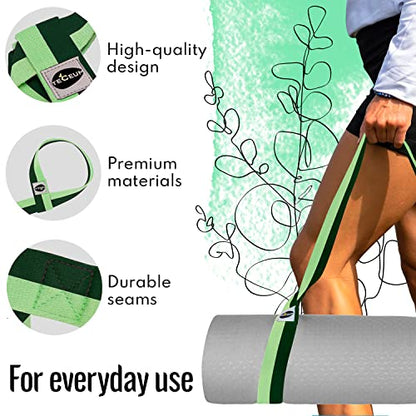 TECEUM Bundle of 2 Items – Yoga Mat Strap Green Avocado 64 IN & Stretching Strap for Yoga Light Green Polypropylene 1” – Mat Holder Sling For All Mats – Leg Strap for Exercising, Physical Therapy