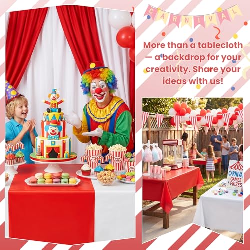 2 Rolls 100FT x 54IN Circus Plastic Tablecloth Roll with Slide Cutter Box | Heavy Duty White & Red Solid Color Disposable Table Cover Wall Backdrop, Cut-to-size for Halloween, Carnival & Party Buffets - color: White,red, size: 2400" x 54" (Rectangular)