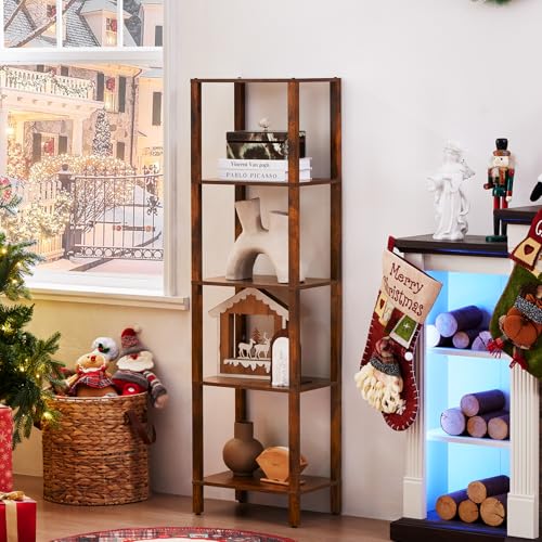 YUFAM 5 Tier Tall Narrow Bookshelf, Skinny Bookcase, Wooden Shelf, Brown - color: Brown, size: 5-Tier