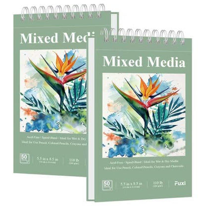 Fuxi Small Mixed Media Sketchbook, 2-Pack - 5.5" x 8.5" | 110lb/180gsm Mixed Media Paper for Watercolor, Acrylic, Ink, Pencil, 50 Sheets Per Pad. - color: Mint Green