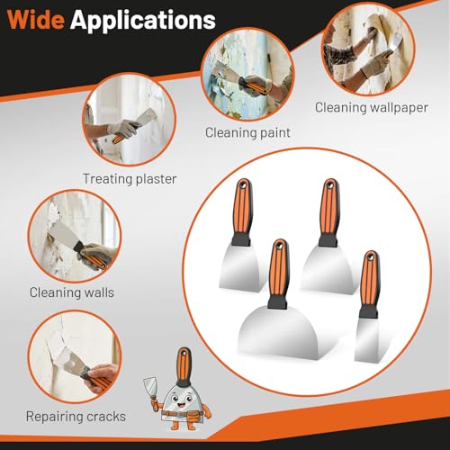 Fishark Putty Knife Set, 2/3/4/6in Stainless Steel Spackle Knives, 4Pcs | Mirror Polished Blade, Non-Slip Grip, for Drywall Repair, Paint Scraping, Taping, Wallpaper Removal, Plaster & Adhesive - color: 2" 3" 4" 6"