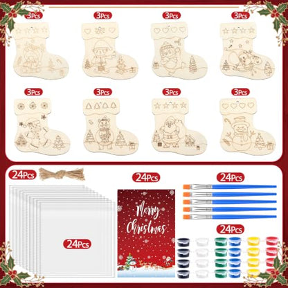 Saypacck 24 Pcs Christmas Stocking Party Favors Wooden Paint Craft Kits | Unicorn Mermaid Designs, Brushes Paints Organza Bags Included, Birthday Goodie Bag Fillers, Kids Girls Thank You Gifts - style: Christmas Stocking