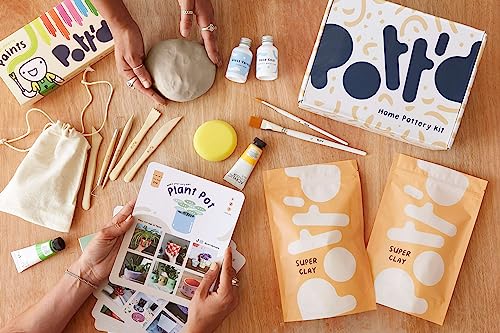 Pott'd Pottery Kit, Air Dry Clay Kit for Adults & Beginners | At Home Pottery Making Kit with Air Dry Clay, Tools, Paints, Brushes, Sealant and Step-by-Step Guide - style: Neon Paints