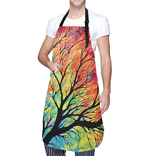 Artist Painting Apron with 2 Pockets Painters Art Aprons Gifts for Women Men - color: Rainbow Leaves Branch Tree