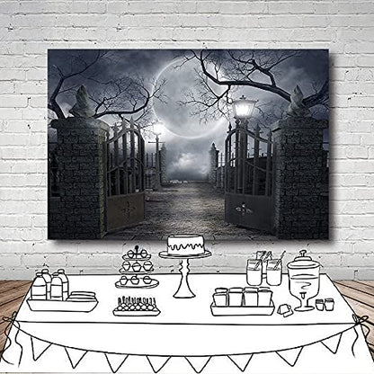 Halloween Night Full Moon Backdrop Gloomy Woods Graveyard Photography Background Horrible Cemetery Spooky Party Banner Halloween Party Decoration Photo Booth Props 7X5FT TP17F - size: 7X5FT