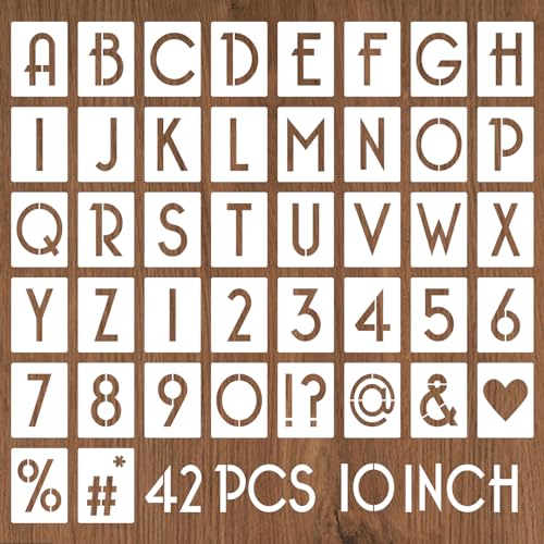 YEAJON 10 Inch Letter Stencils and Numbers, 42 Pcs Alphabet Drawing Stencils, Reusable Plastic Craft Templates for Painting on Wood, Wall, Fabric, Rock, Signage - size: 10 Inch