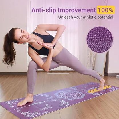 Avoalre Folding Yoga Mat, Eco-Friendly PVC Travel Yoga Mat Packable, Double Sided Non-Slip Printed Yoga Mats with Bag for Home Workout Gym Exercise Fitness Pilates Stretching (72" x 24" x 1/5" Thick) - color: Purple