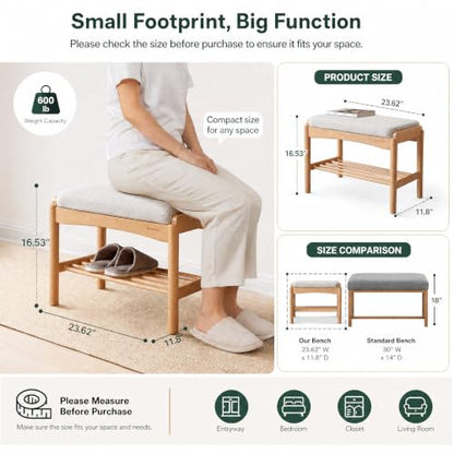 Oak Wood Shoe Bench, 24 Inch Entryway Bench with Light Gray Cushion - color: Natural + Light Gray Cushion, size: 23.62"