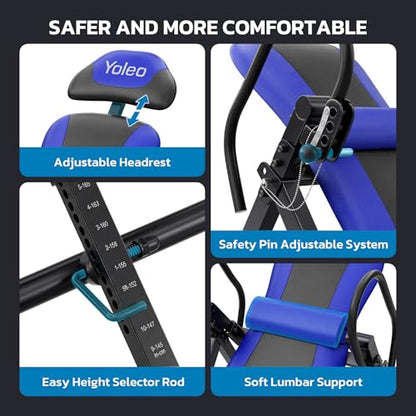 YOLEO Inversion Table for Back Pain w/Removable Lumbar Pad ITX320 | w/ Reversible Ankle Holders, Foldable, Easy Assembly - color: Blue - Black Tube