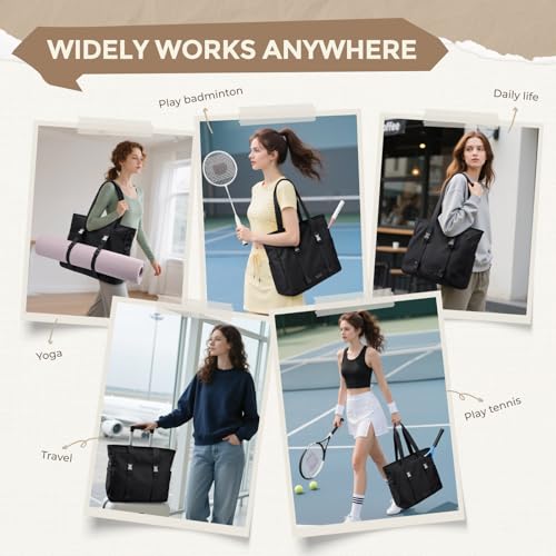Tennis Tote Bag for Women with Yoga Mat Straps, Racket Holder Bags, 24L Lightweight Sports Bag with Wet Pocket - color: Black