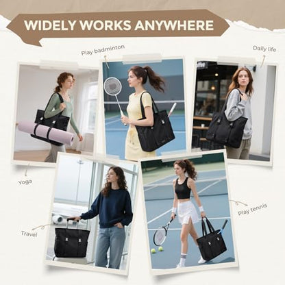Tennis Tote Bag for Women with Yoga Mat Straps, Racket Holder Bags, 24L Lightweight Sports Bag with Wet Pocket - color: Black