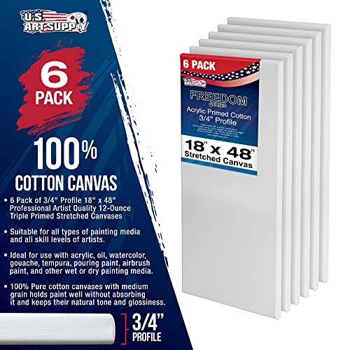 U.S. Art Supply 18 x 48 inch Stretched Canvas 12-Ounce Primed 6-Pack - Professional White Blank 3/4" Profile Heavy-Weight Gesso Acid Free Bulk Pack - Painting, Acrylic Pouring, Oil Paint - size: 18" x 48"