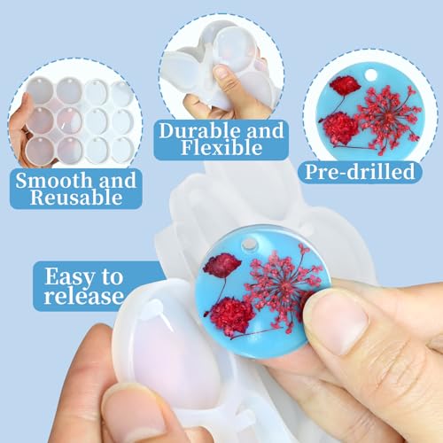 Resin Keychain Molds with Hole, Set of Round Keychain Casting Molds | 21-Cavity 1.87" and 1.37" Circle Keychain Silicone Molds with 21Pcs Key Rings for Epoxy Resin Pendant Christmas Ornaments - color: Round Resin Pandant Molds