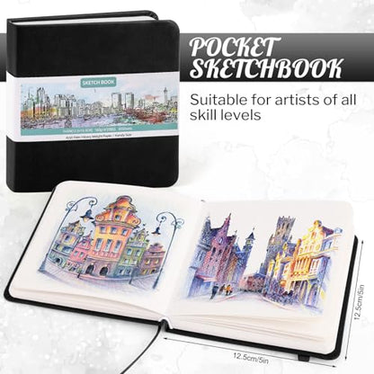 Hardcover Pocket Sketchbook 5 x 5 in, 80 Sheets Small Sketch Book, Black | 160gsm acid-free paper, elastic closure and ribbon bookmark, compact travel size for sketching on the go - color: Black