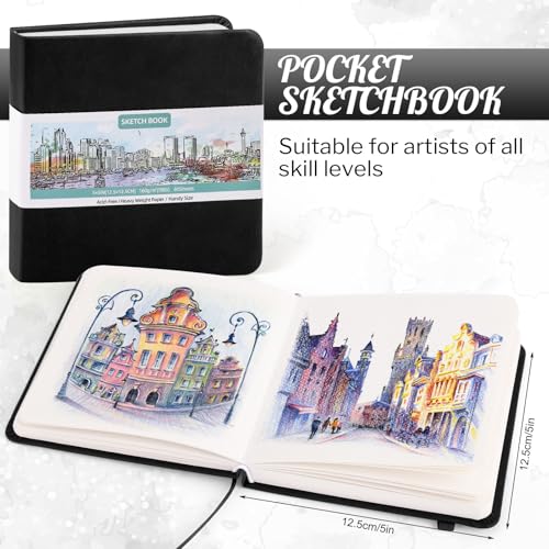 Hardcover Pocket Sketchbook 5 x 5 in, 80 Sheets Small Sketch Book, Black | 160gsm acid-free paper, elastic closure and ribbon bookmark, compact travel size for sketching on the go - color: Black