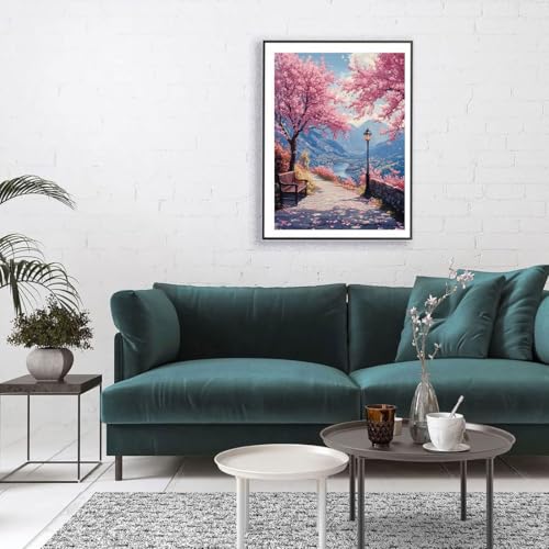 WUSARPLY Landscape Diamond Painting Kits for Beginner Adults | Pink Cherry Blossoms Diamond Art Kits Full Drill Diamond Dots Paint with Diamonds Gem Arts and Crafts Home Wall Decor - color: YH023