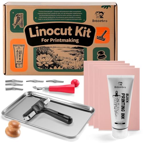 Bobblebro Linocut Kit for Printmaking, Stamp Making Kit with Carving Tools | Linoleum Blocks for Arts and Crafts for Adults, Back to School Gifts, DIY Hobby Kit Birthday Gift for Women Men Boys Girls - color: black