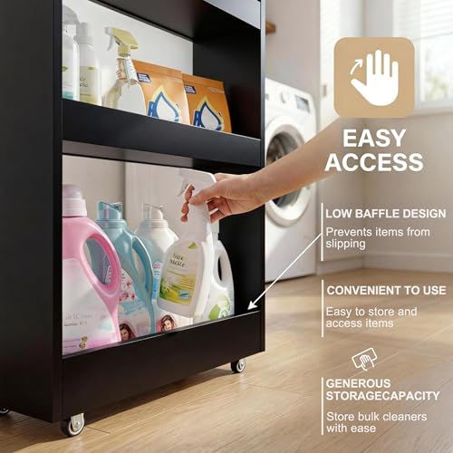 TEAMIX Wood 4-Tier Slim Rolling Storage Cart, 7.9"W, 24.8"D, 36.7"H, Black - color: Black