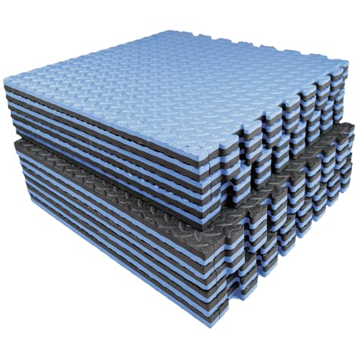 AIRHOP Upgraded 0.79" Extra Thick 48 Sq Ft High-Density Eva Foam Exercise Gym Mats, 12 Pcs Large Interlocking Puzzle Floor Tiles (24"x24") for Home Gym - color: Black/Blue