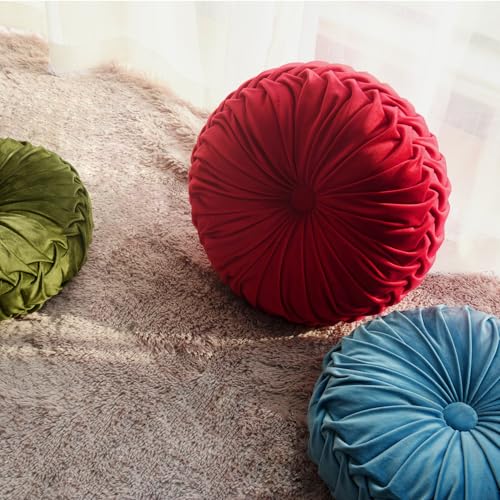 HIG Set of 2 Red Velvet Decorative Round Pleated Throw Pillows - color: Red