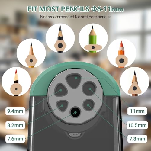 AFMAT Electric Pencil Sharpener for Classroom, 6 Holes, Cordless & Rechargeable, Fast Sharpen, Auto Stop, 10K+ Uses, Heavy Duty Pencil Sharpener for 6-11mm No.2/Large/Colored Pencils PSD2(Green) - color: Green